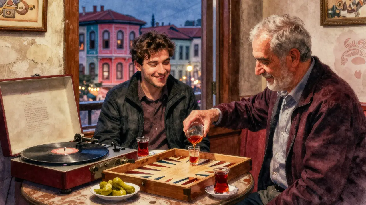 Cozy Kuzguncuk café at night, locals playing backgammon and sharing rakı under warm lamplight.