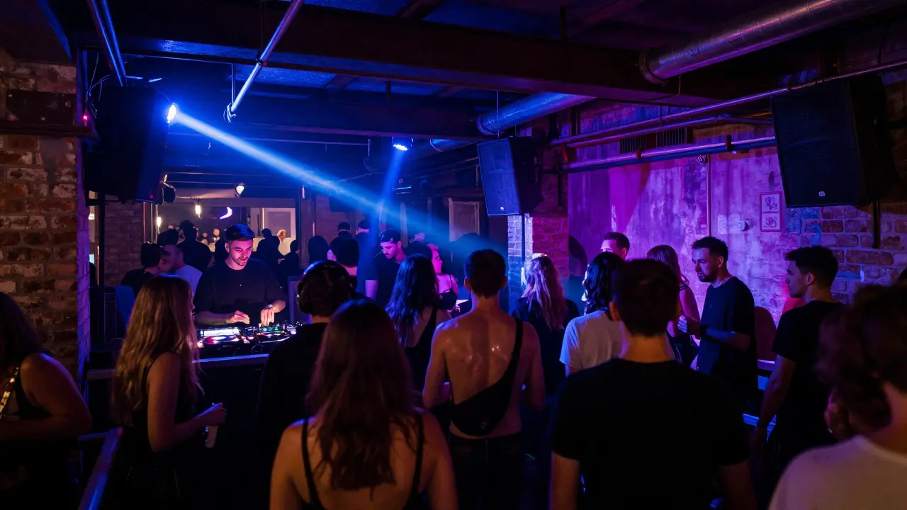 Crowded industrial club with dancers under neon lights, DJ at console, raw energy of Milan nightlife.