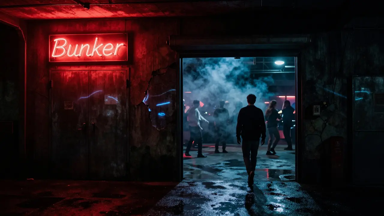Dark alley leading to a hidden warehouse club with flickering neon 'Bunker' sign.