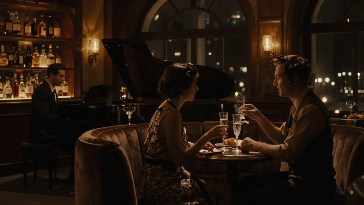 Elegant couple toasting champagne in a dimly lit jazz bar with velvet booths and vintage bottles.
