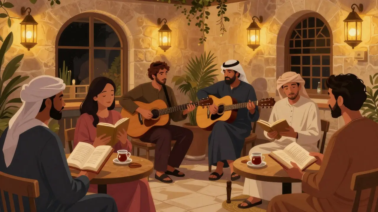 Expats socialize at Al Maqtaa Café during a night event with live music and books.