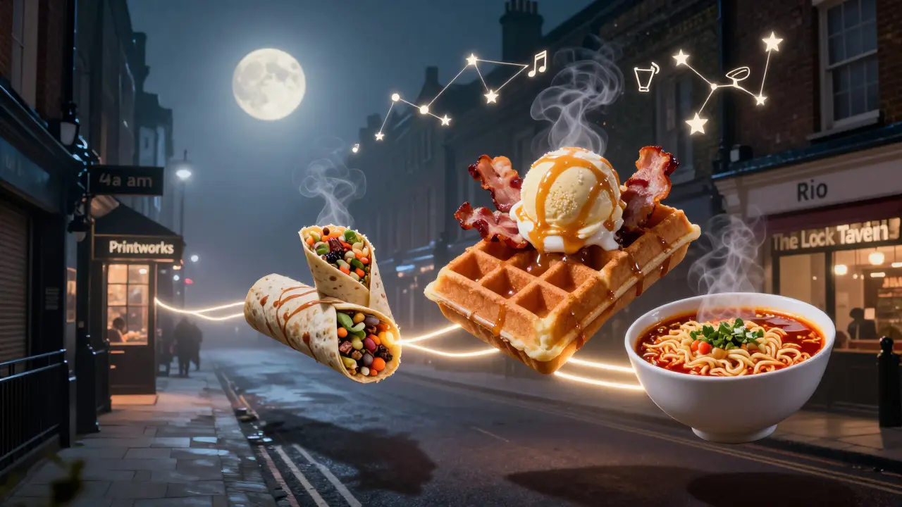 Floating late-night foods above London streets, connected by glowing paths to hidden venues.