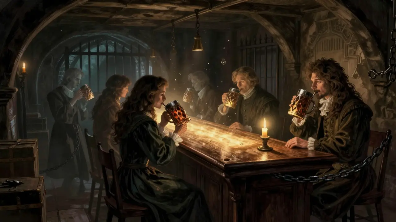 Ghostly figures in historical clothing in a dim cellar, surrounded by ancient oak and faint prison bars.