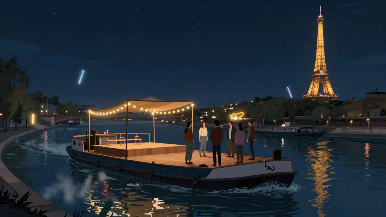 Group singing on a floating barge at night with the Eiffel Tower lit up in the background.