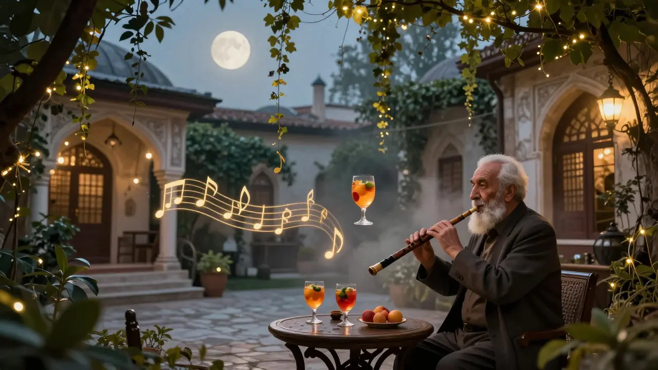 Hidden garden bar in Çukurcuma with fairy lights, a man playing a flute, and floating glasses under moonlight.