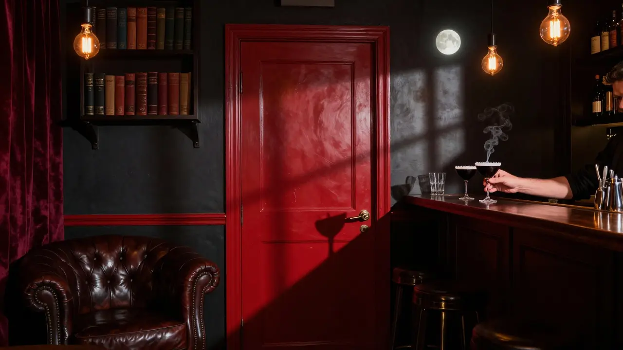 Hidden speakeasy with leather chairs and dim lighting, bartender mixing a smoky cocktail in shadow.
