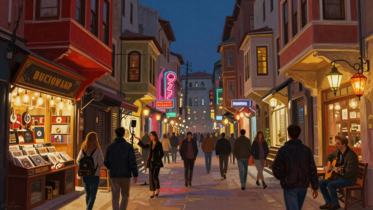 Istiklal Avenue at midnight, neon-lit streets filled with people, vintage shops, and hidden jazz bars glowing in the night.