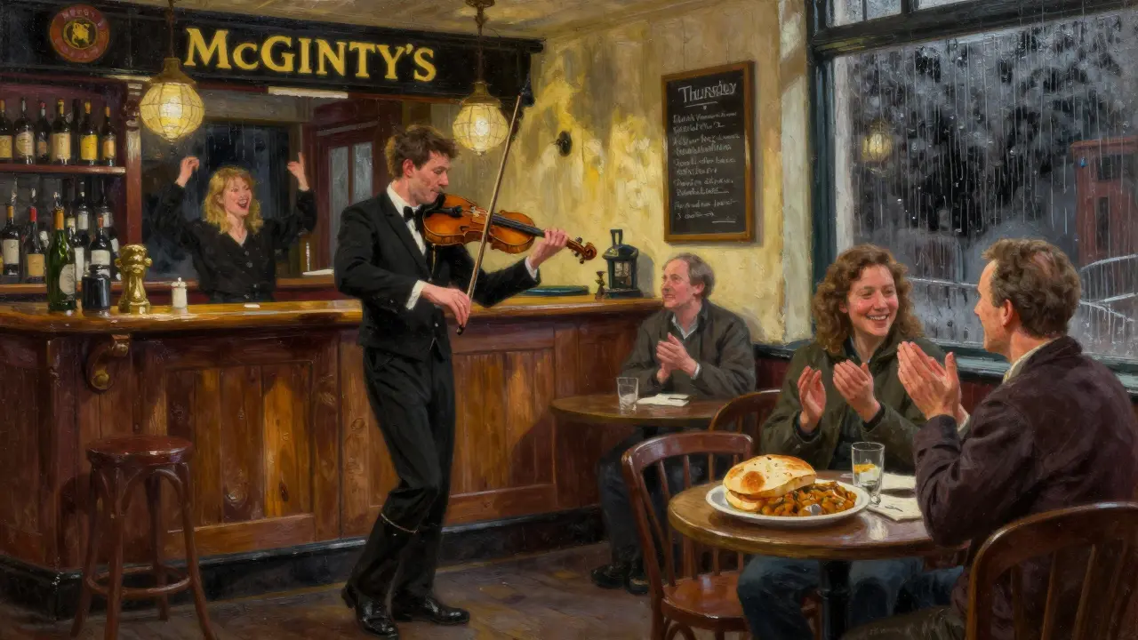 Live Irish fiddler playing in a rustic pub as patrons enjoy soda bread and stew by lamplight.