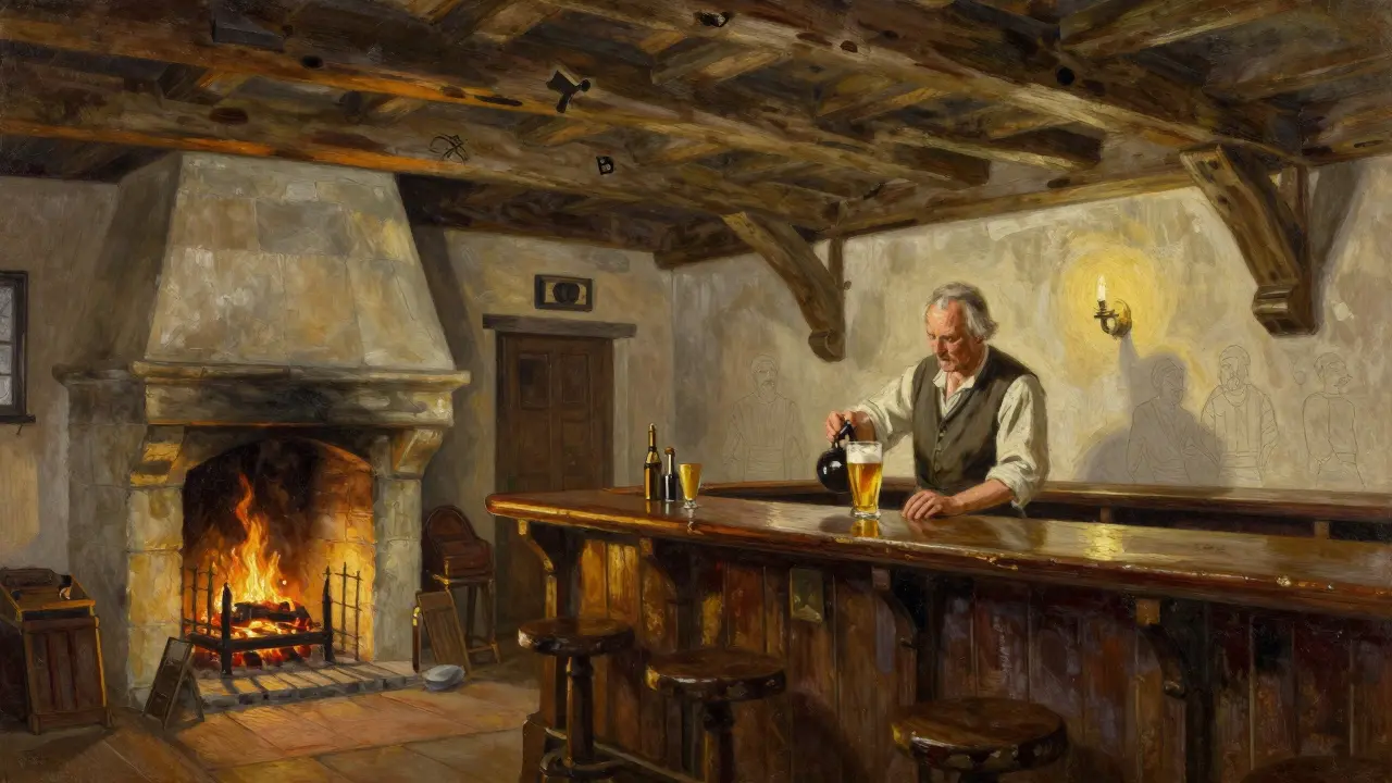 Medieval pub interior with thick wooden beams and a stone fireplace, landlord pouring ale by candlelight.