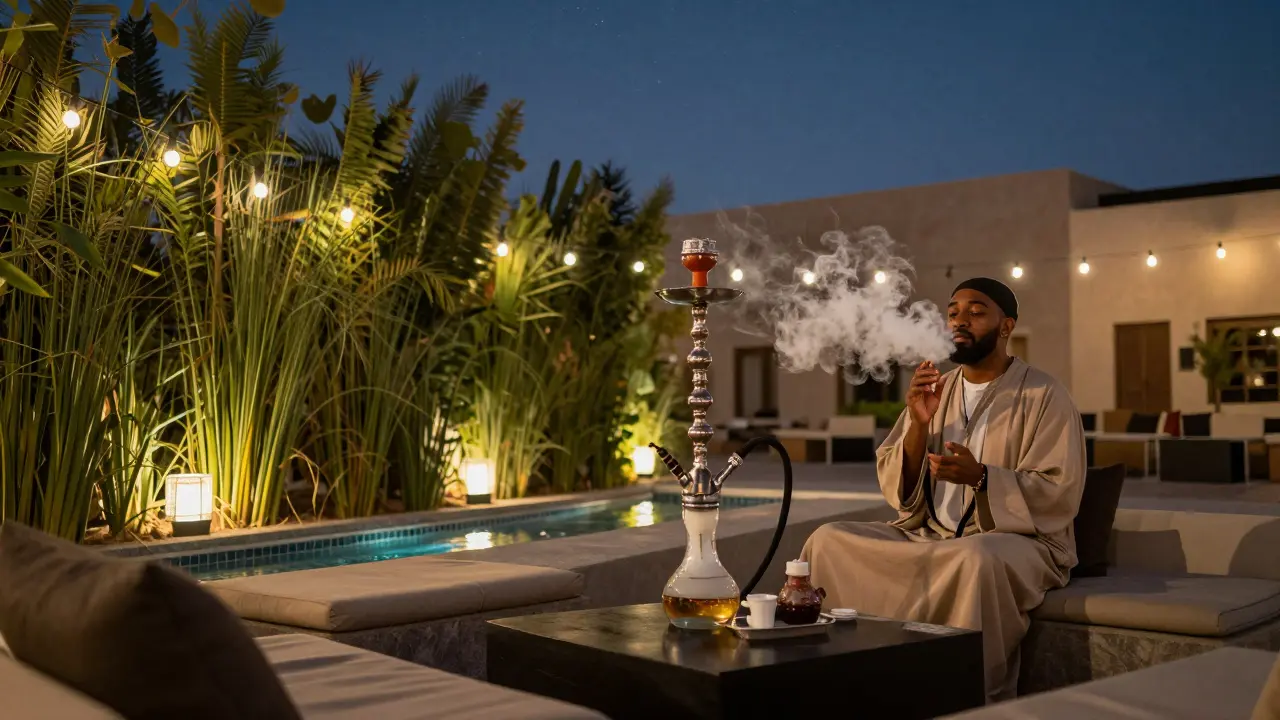 Open-air shisha garden at dusk with string lights, plants, and a poet reciting under the stars.
