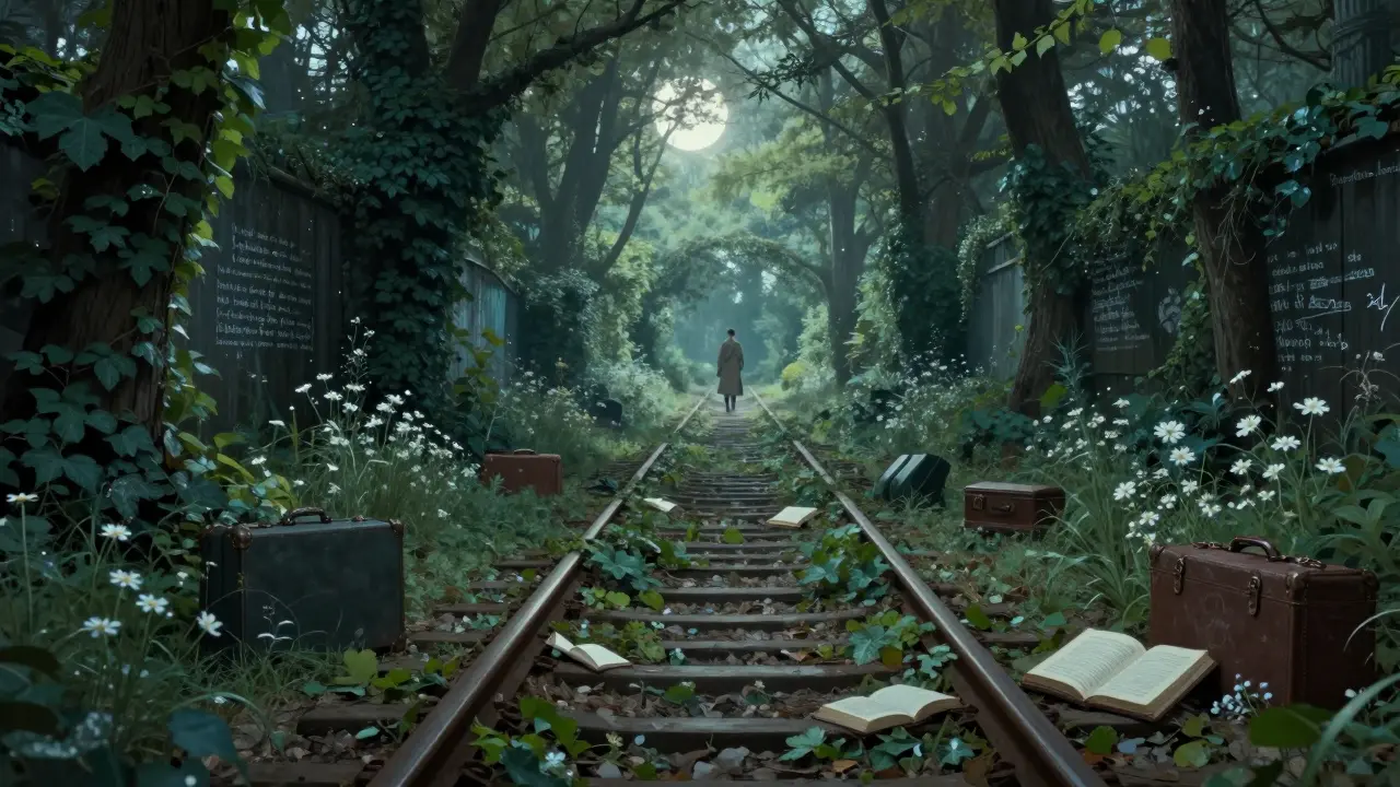 Overgrown abandoned railway turned secret garden with books and flowers under moonlight.