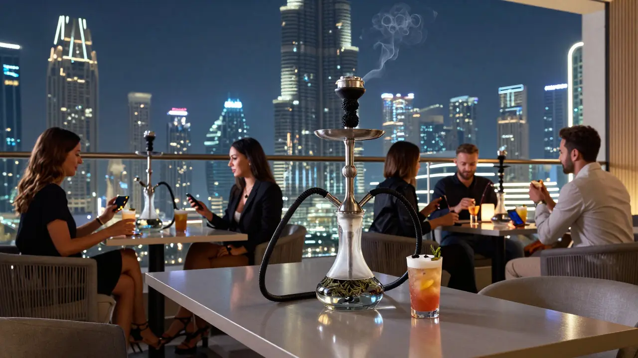 Rooftop shisha lounge with modern glass pipes and stunning views of Dubai’s skyline at night.