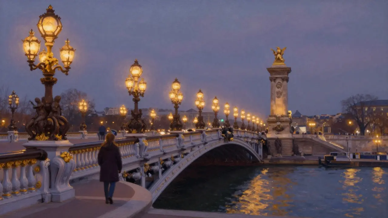 Silhouetted figure walking across Pont Alexandre III bridge at dusk with Eiffel Tower in distance.