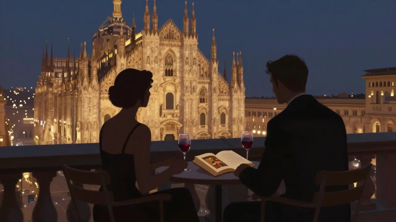 Silhouettes of two people enjoy a quiet evening on a private rooftop terrace with the Duomo glowing in the distance.
