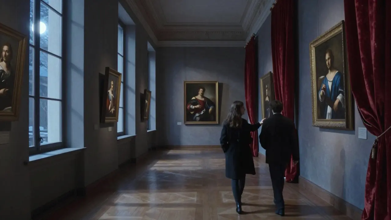 Silhouettes walking through the empty Brera Art Gallery at night, moonlight illuminating classical paintings.
