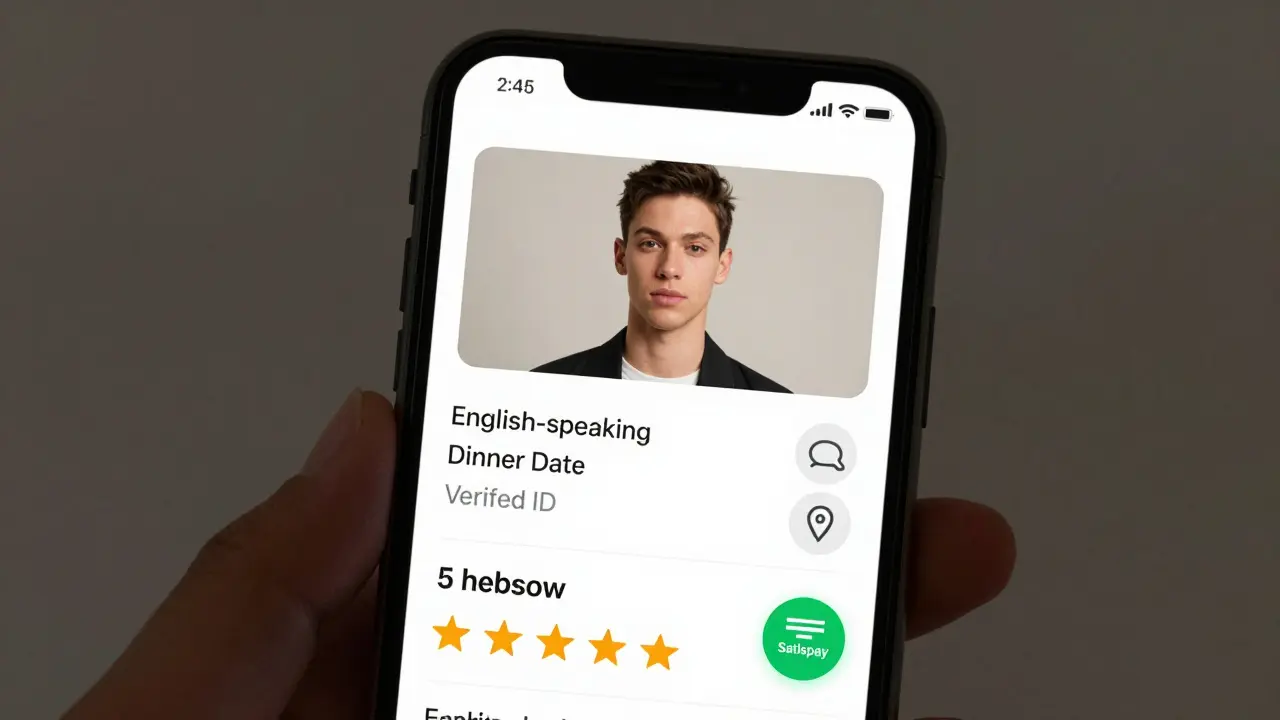 Smartphone screen showing a verified escort profile with service tags, reviews, and secure payment icons.