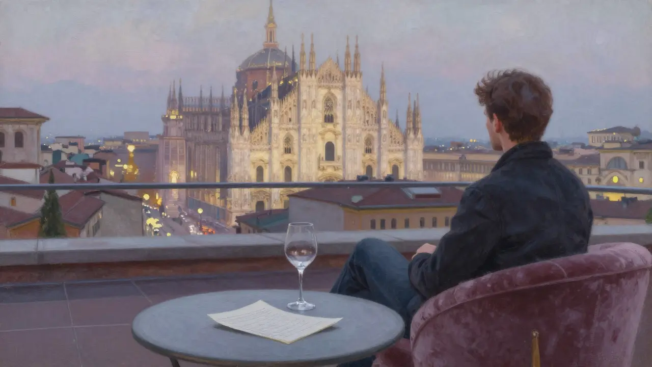Someone alone on a rooftop terrace in Brera, gazing at Milan&#039;s illuminated cathedral.