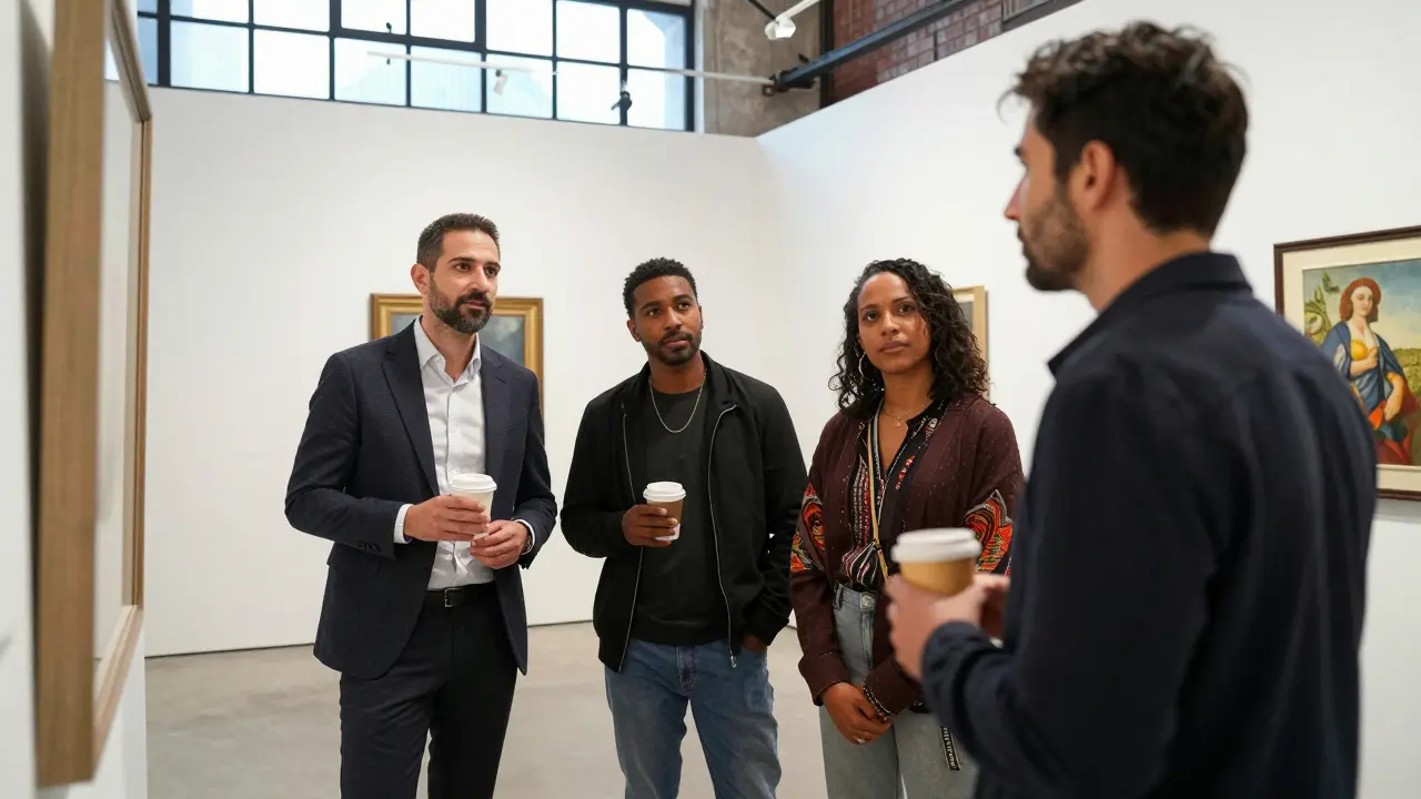 Three diverse companions observe art in Alserkal Avenue, a client examining a gallery piece.