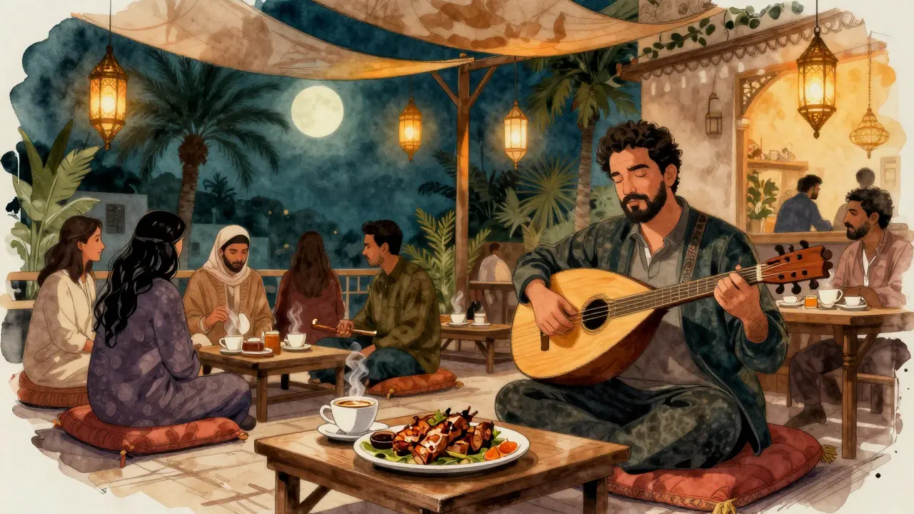 Traditional oud musician playing at Al Fanar Restaurant under lanterns, patrons seated on cushions with coffee and food.