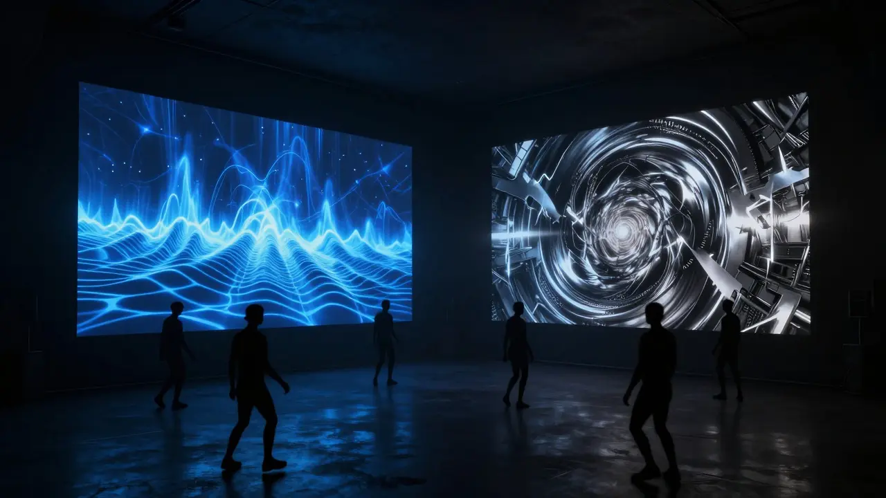 Two glowing electronic music rooms in darkness, bass waves and abstract noise patterns surrounding faceless dancers.