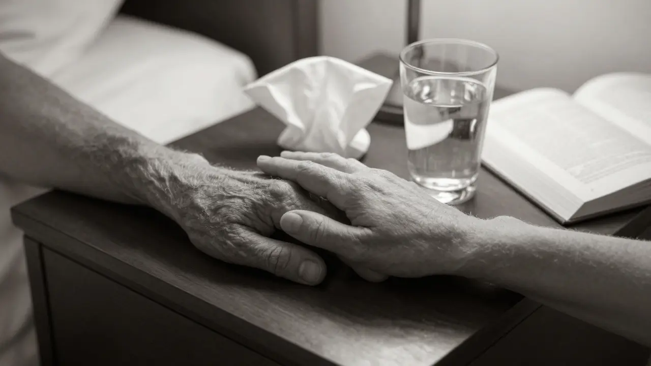Two hands clasped on a hotel bedside table, a crumpled tissue between them — a moment of quiet emotional support.