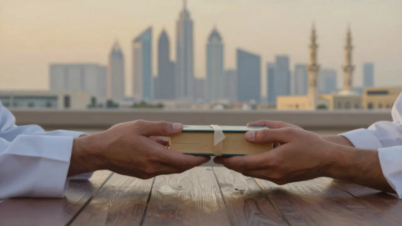 Two hands exchanging a book on a wooden table, with Dubai’s skyline softly visible in the background.