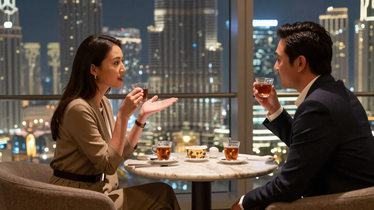 Two people enjoy tea in a luxury lounge high above Dubai, city lights stretching below.