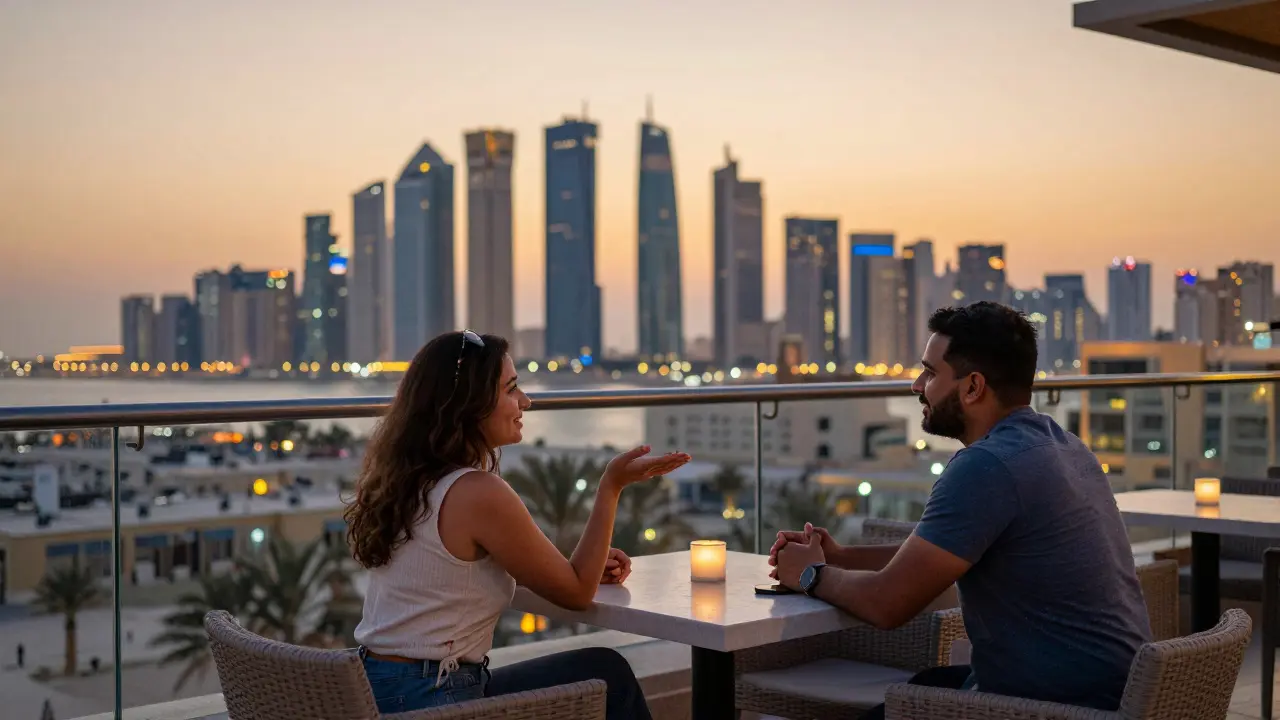 Two people enjoying a quiet moment at a rooftop bar in Abu Dhabi at sunset.
