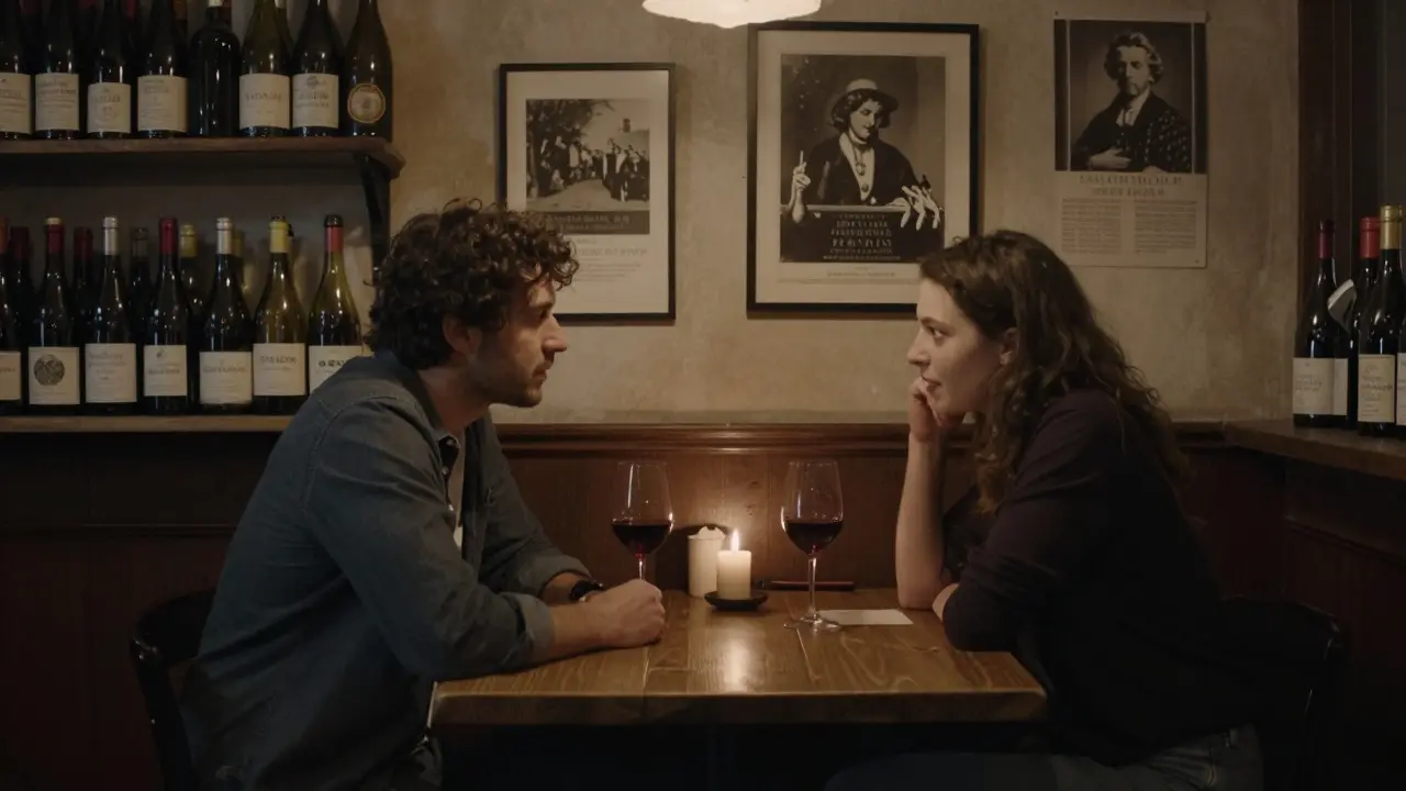 Two people sharing a quiet conversation in a cozy Le Marais wine bar, candlelight reflecting in wine glasses.