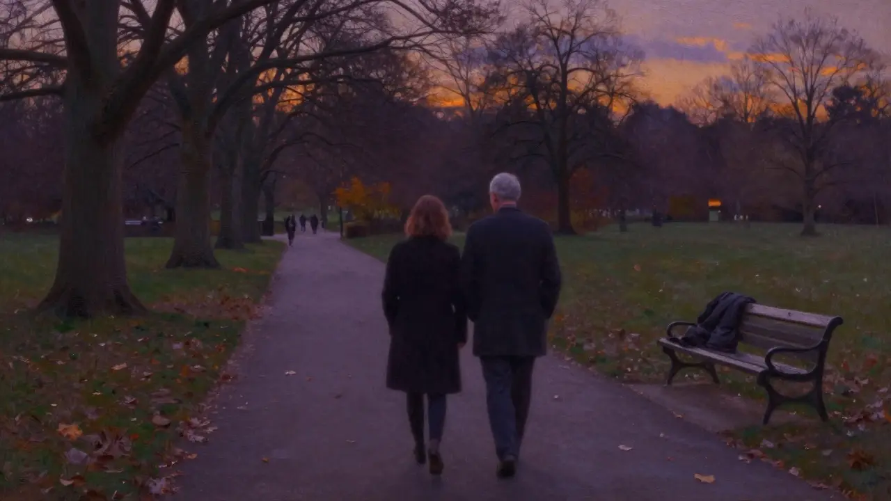 Two people walk side by side in Hyde Park at twilight, sharing quiet companionship without words.
