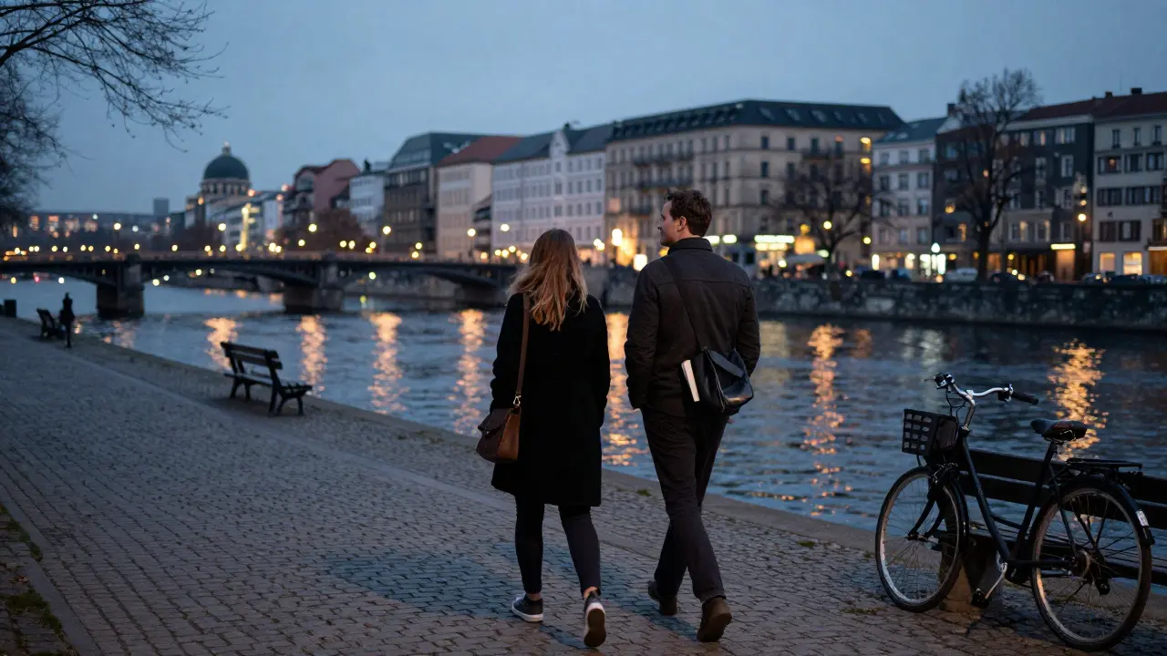 Two people walking peacefully along the Spree River in Berlin at dusk, enjoying companionship.