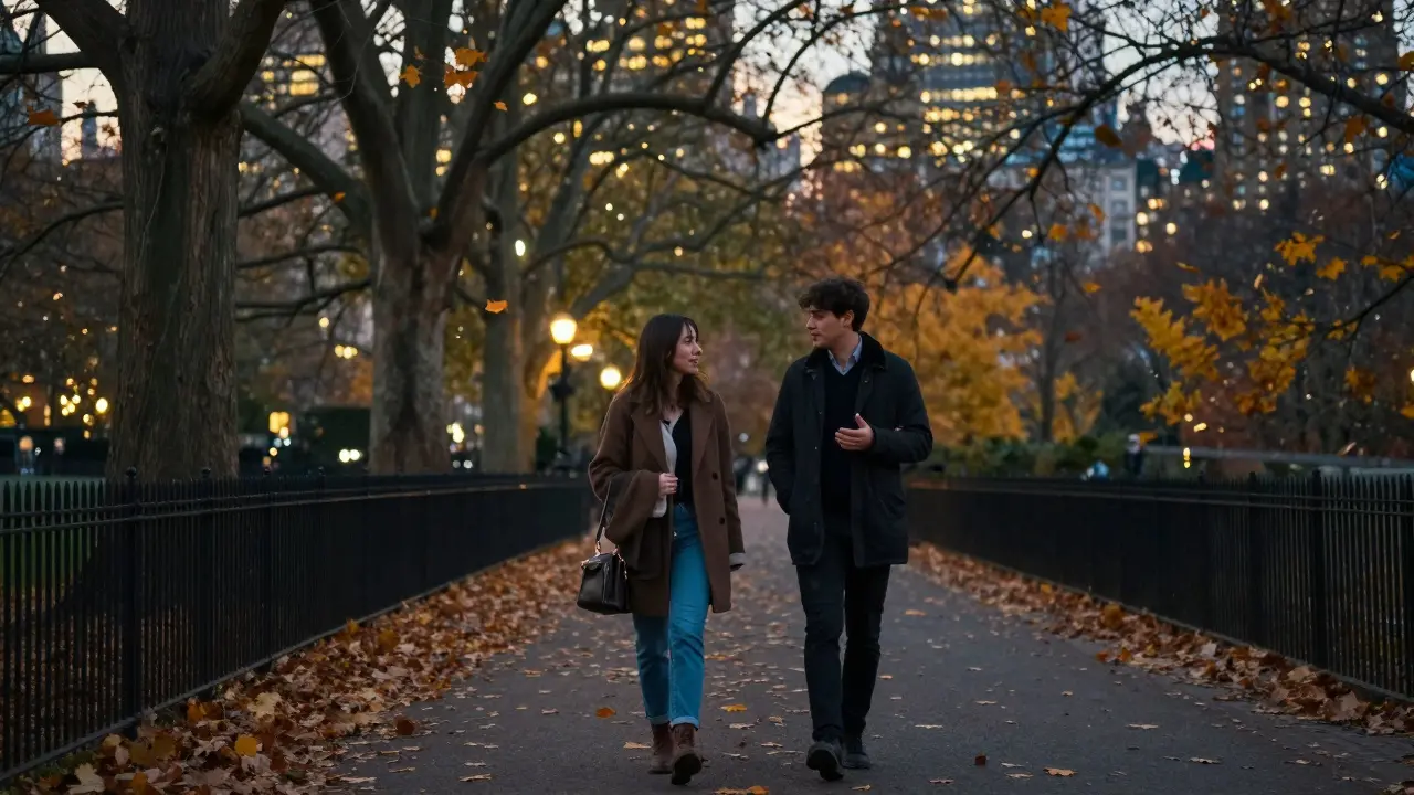 Two people walking peacefully through Hyde Park at dusk, golden leaves falling around them in autumn.