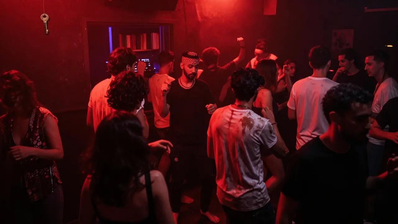 Underground club with dim red lights and dancers, hidden behind a bookshelf entrance.