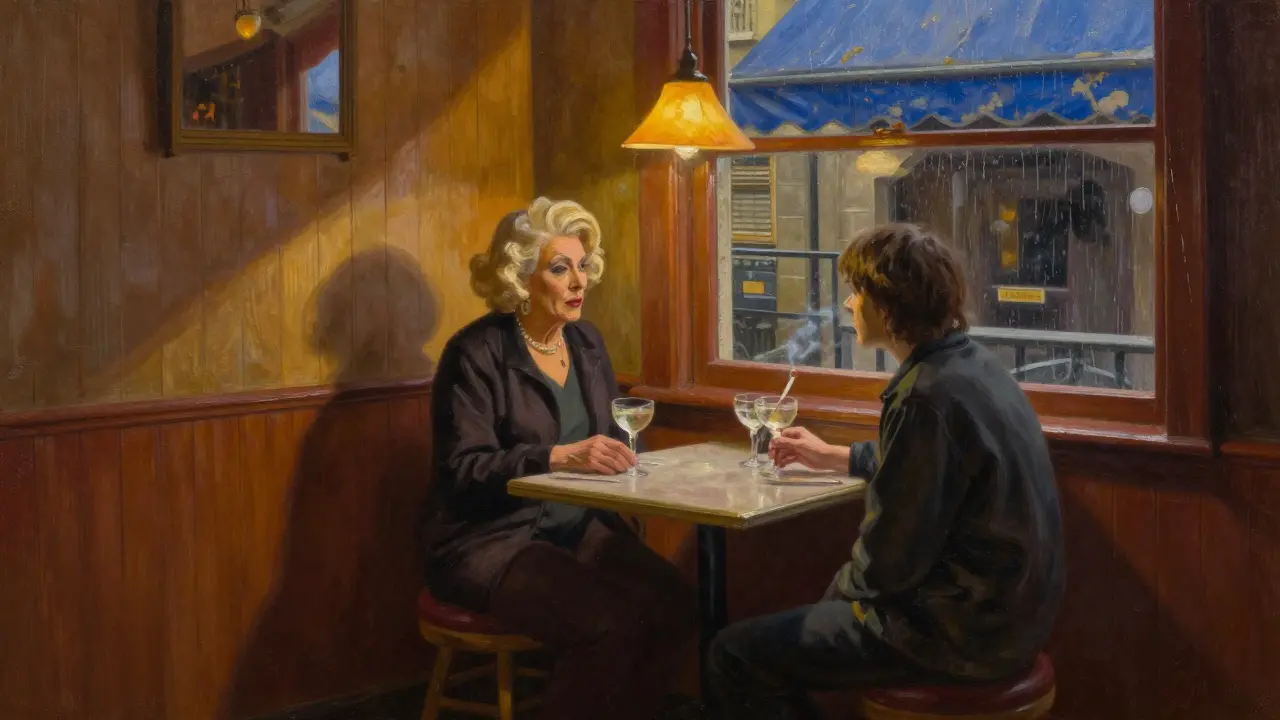 Warm gay bar interior with an elderly drag queen and young person sharing a drink, soft lighting and wood-paneled walls.