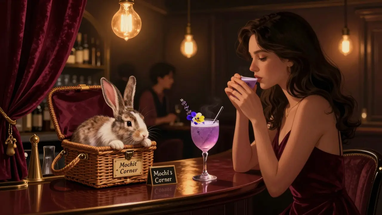 A cat resting beside a woman at a dimly lit cocktail bar with a rabbit peeking from a carrier.