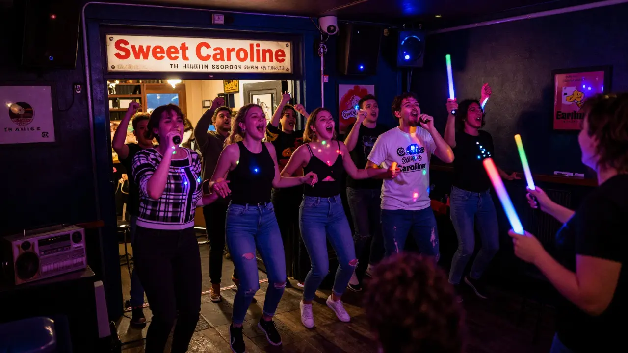 A crowd singing 'Sweet Caroline' together with glow sticks in a lively Brixton karaoke space.