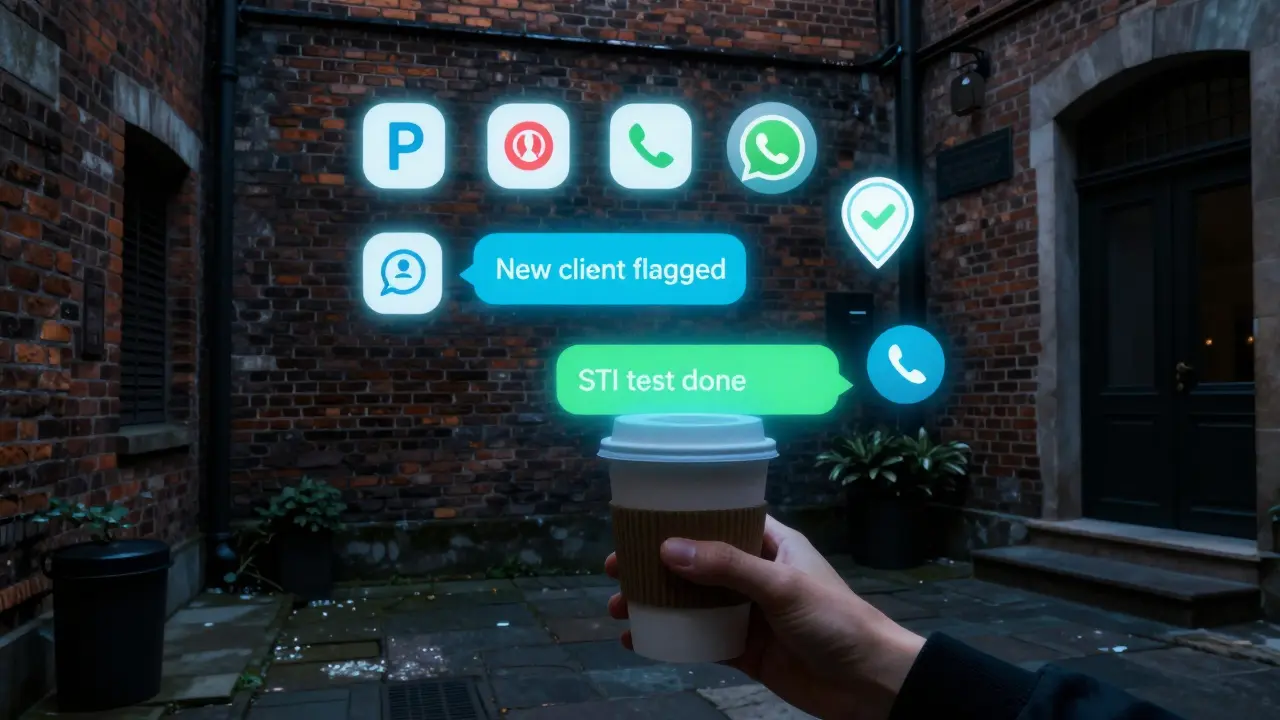 A digital safety network projected on a Milan courtyard wall with icons for GPS, panic button, and verified profiles.