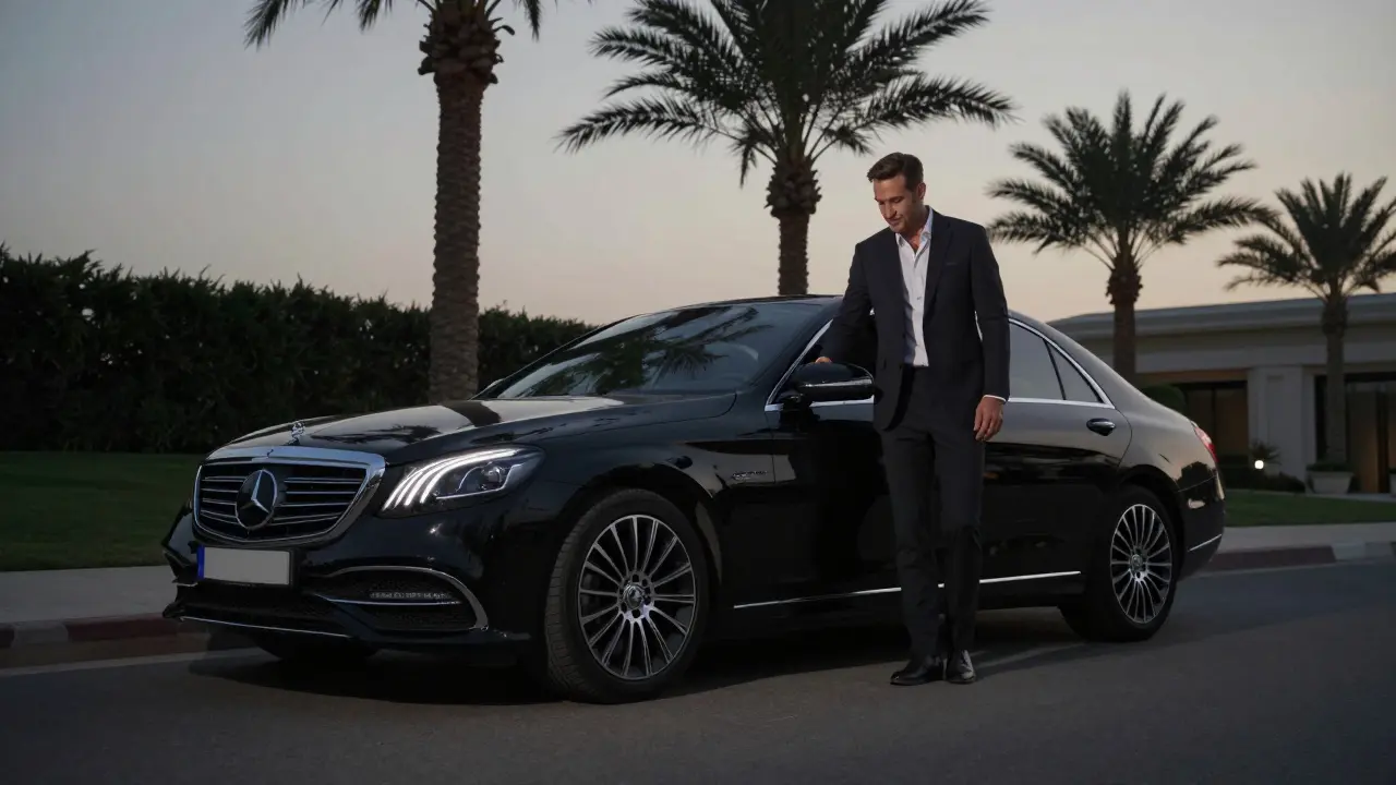 A discreet black luxury car parked outside a private villa in Dubai at dusk.