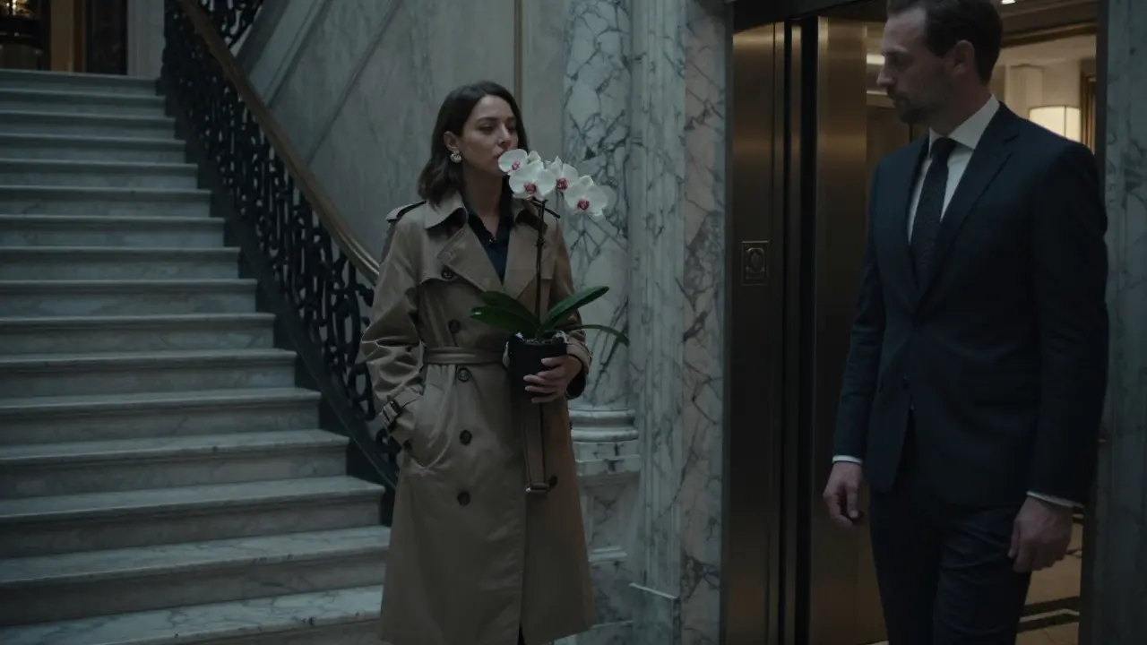 A discreet meeting in a luxury Paris hotel lobby, a woman holding an orchid as a man approaches.