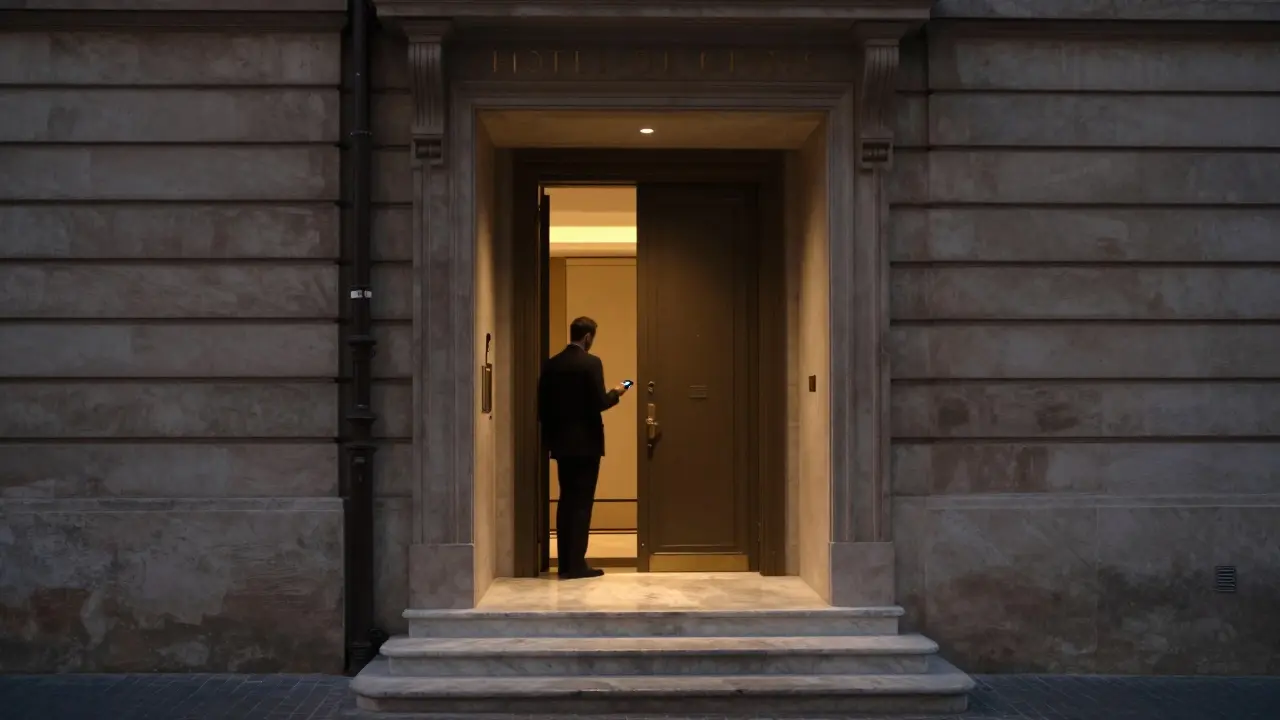 A discreet side entrance to an elegant hotel at twilight, no signs or cameras, shadowy figure entering.