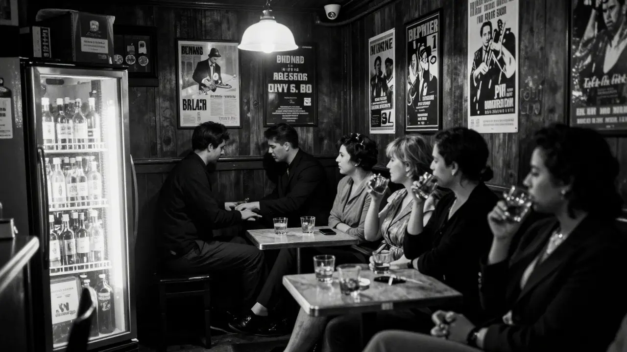 A hidden jazz club with a pianist playing softly, patrons enjoying bourbon in intimate, shadowy ambiance.