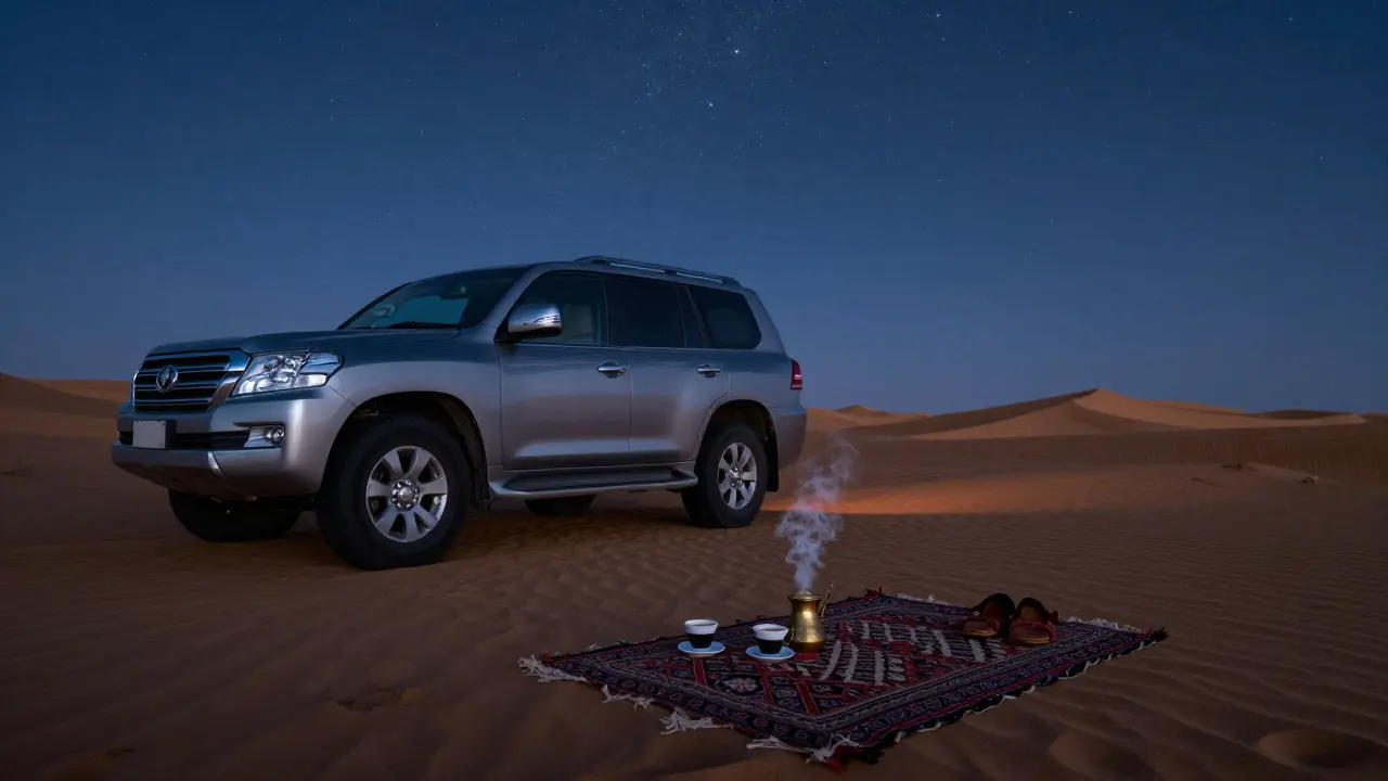 A luxury SUV at a desert camp under stars, with coffee cups and sandals left beside a rug, suggesting a peaceful shared moment.