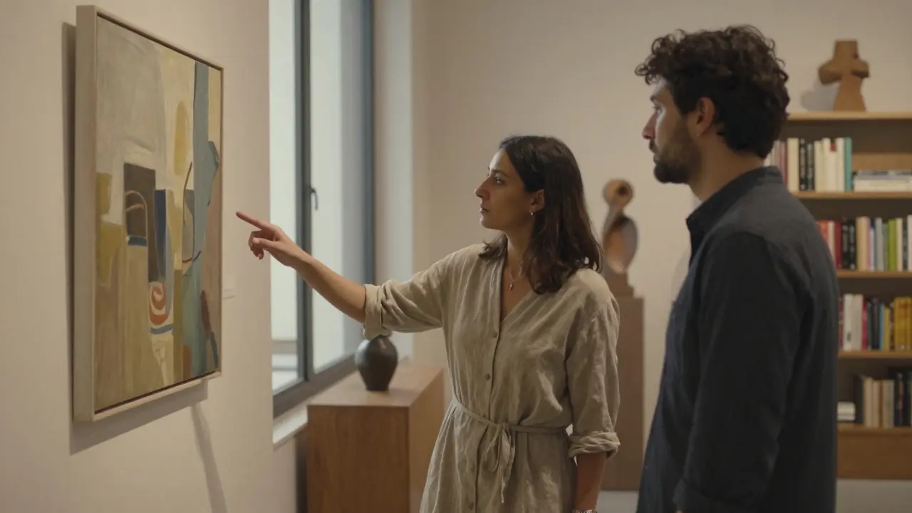 A man and woman engaging in quiet conversation before a piece of contemporary art in a Dubai gallery.