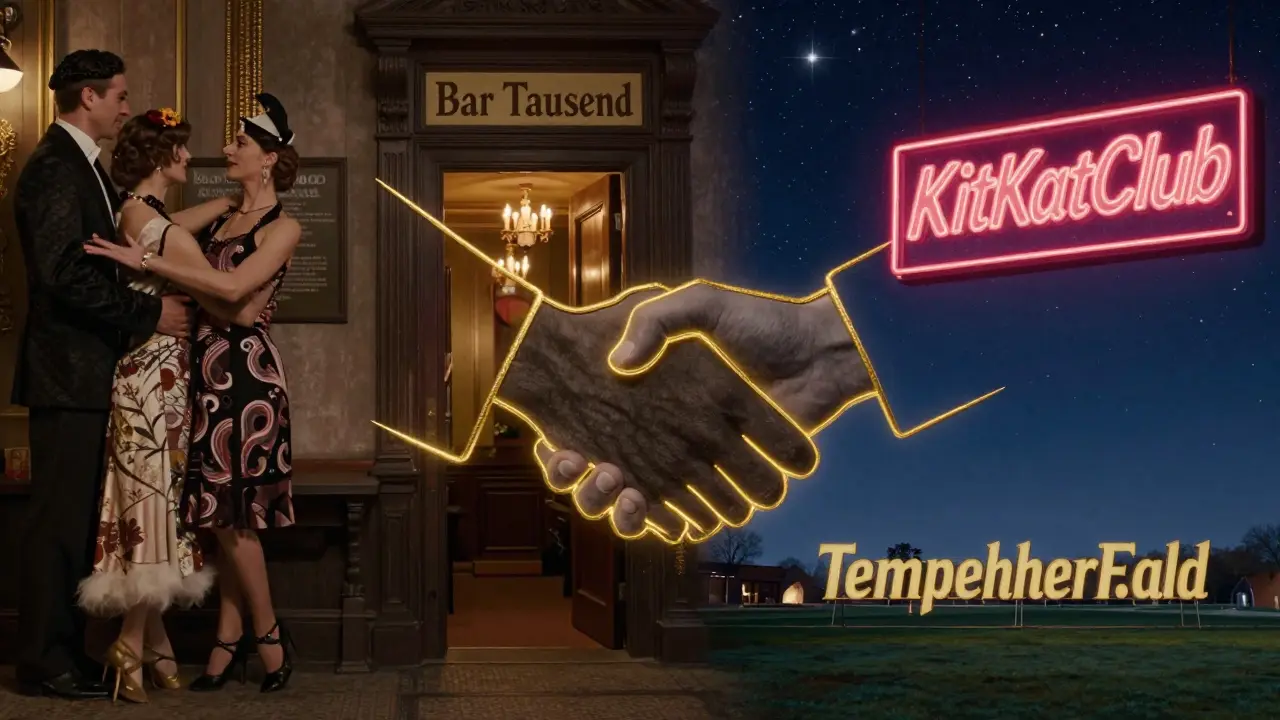 A mosaic of Berlin's iconic nightlife spots connected by a golden handshake.