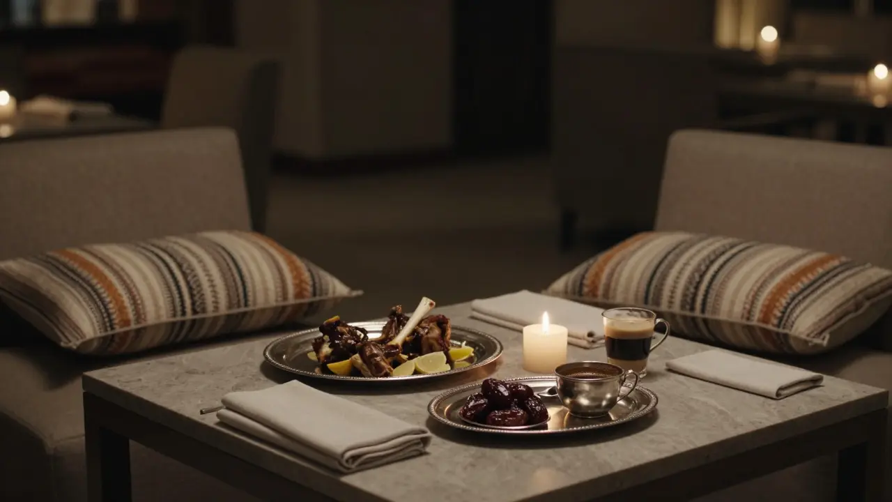 A private Emirati dining experience with curated dishes and candlelight, no people visible, only the atmosphere of quiet connection.