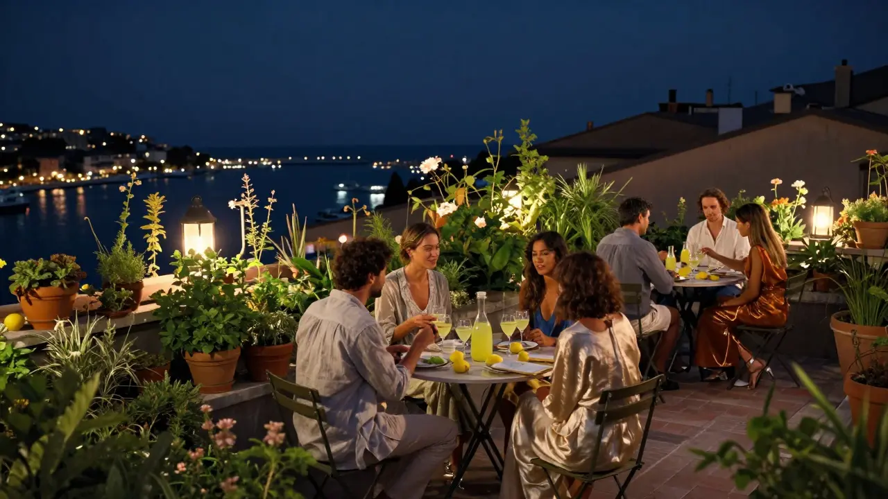 A secret rooftop garden in Monaco at night, guests sipping drinks under lanterns with the harbor glowing below.
