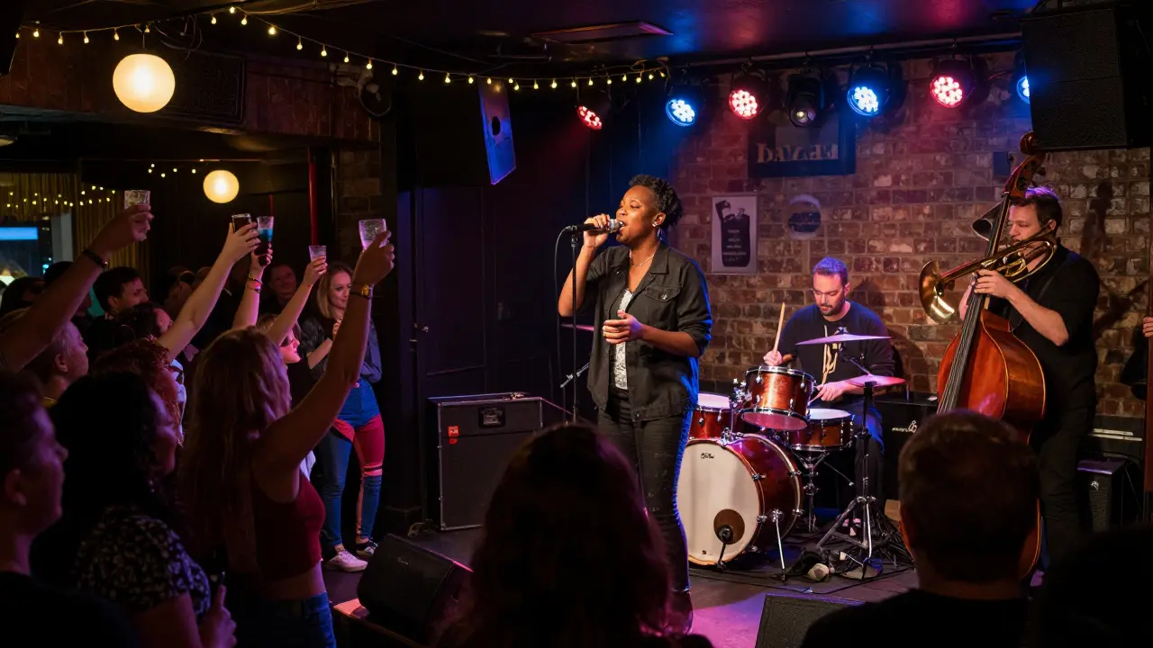 A singer performing live with a band on stage at a Camden music venue.