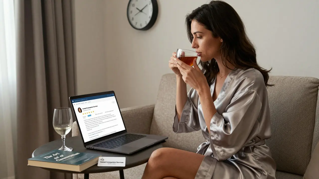 A woman sits calmly in a hotel room reviewing client feedback, tea beside her, natural light streaming in.