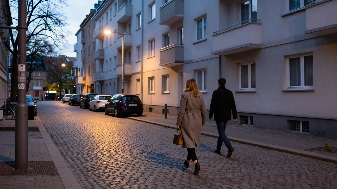 A woman walking confidently toward her building in Prenzlauer Berg at dusk, discreet and safe.