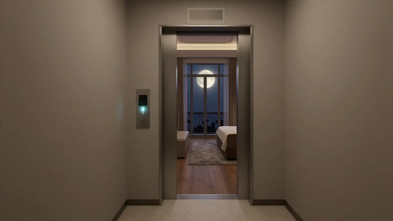 An empty hotel hallway with a glowing keycard elevator panel, no surveillance, moonlight through a balcony window.